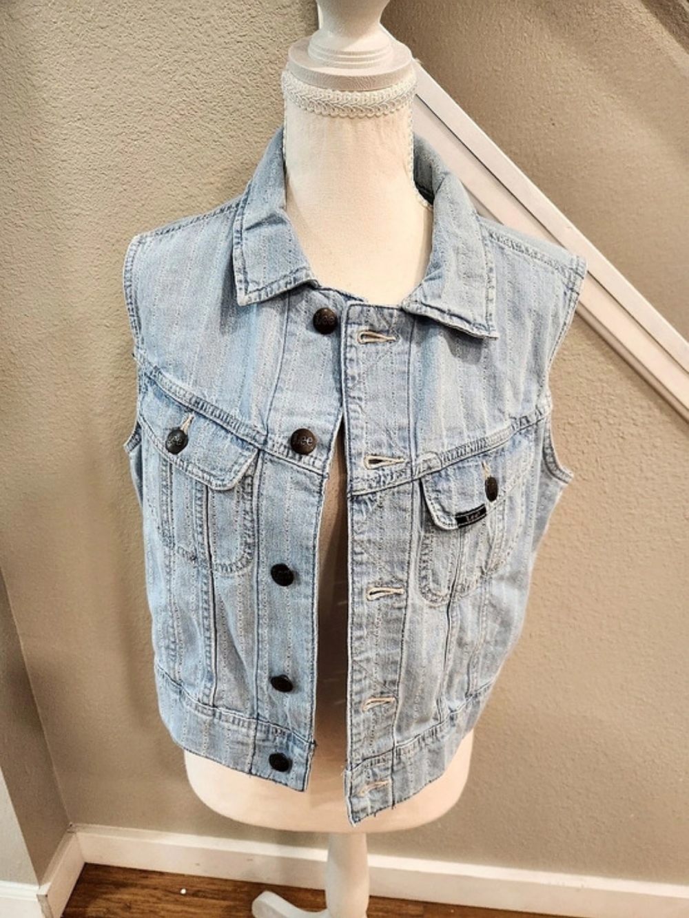 Lee Heritage Striped Cropped Rider Denim Vest Blue